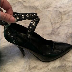 New in box, Pleaser brand black patent heels w/ rivets, size 8
